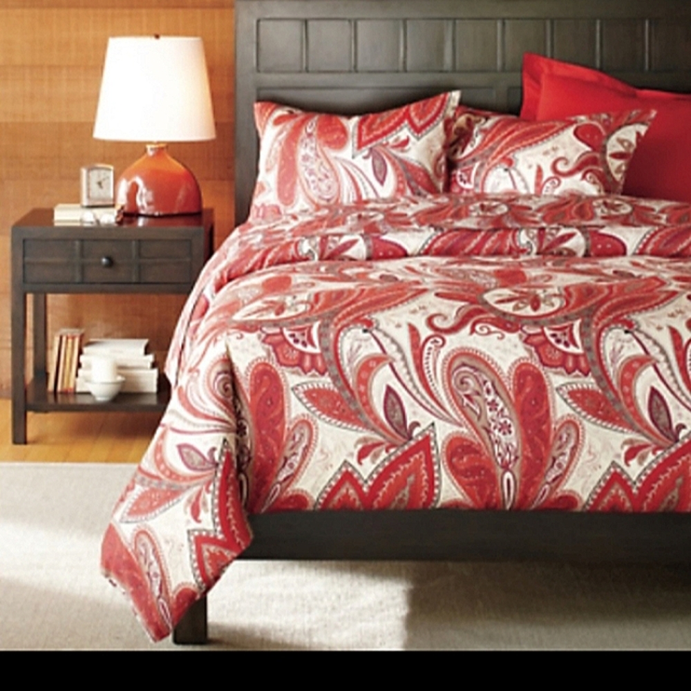 CRATE & BARREL Serena Paisley Full/Queen Duvet Cover & 2 Pillow Case Red